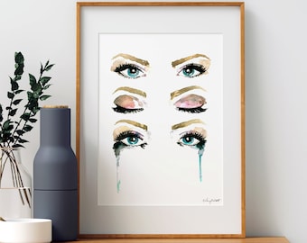 Watercolor Eye Illustration, Eyes Print, Eyebrows, Fashion Wall Art, Make Up Wall Art, Eye Wall Art, Iris Print, Crying Eye Art, Eye Anatomy