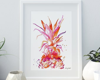 Pineapple Wall Art, Watercolor Painting, Kitchen Wall Decor, Tropical Decor, Botanical Wall Art, Fruit Watercolor, Summer Home Decor