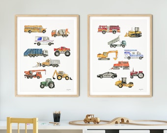 Set of 2 Construction Truck Chart Art Prints, Transportation Vehicle Wall Art, Truck Nursery Decor, Vehicle Toddler Boy Room