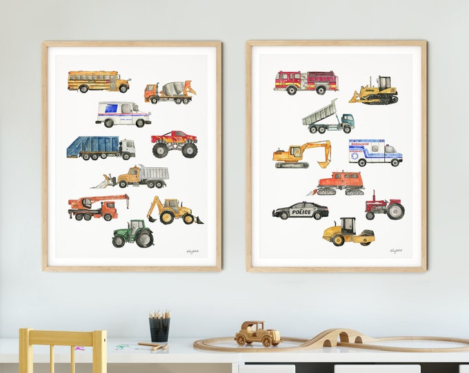 Set of 2 Construction Truck Chart Print, Transportation Vehicle Wall Art, Truck Print, Trucks Nursery Decor, Vehicle Toddler Boy Room