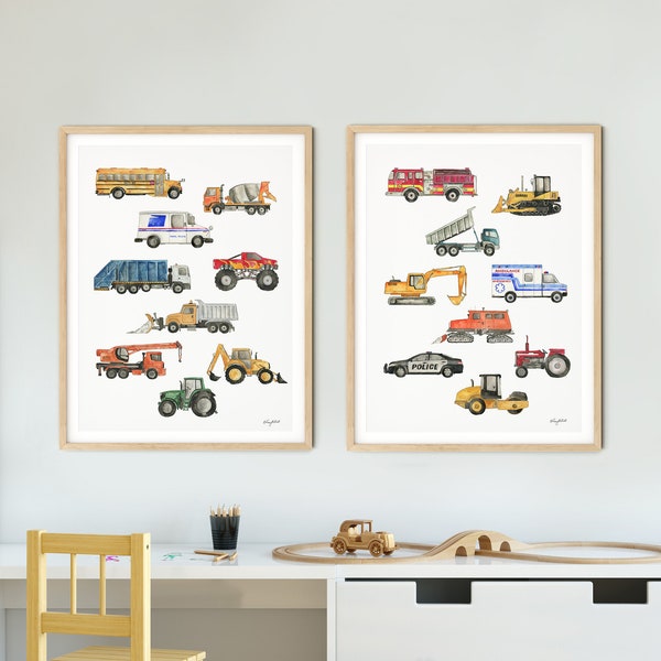 Set of 2 Construction Truck Chart Print, Transportation Vehicle Wall Art, Truck Print, Trucks Nursery Decor, Vehicle Toddler Boy Room