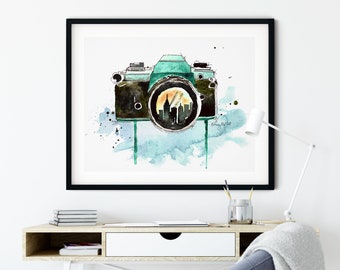 Watercolor Illustration of classic filming camera with reels and film  stripes  Art Board Print for Sale by iswenyi