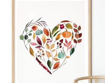 Fall Pumpkin Leaf Wall Art, Watercolor Painting, Pumpkin Art Print, Fall Wall Art, Autumn Decor, Heart Love Pumpkins, Fall Floral Leaves Art