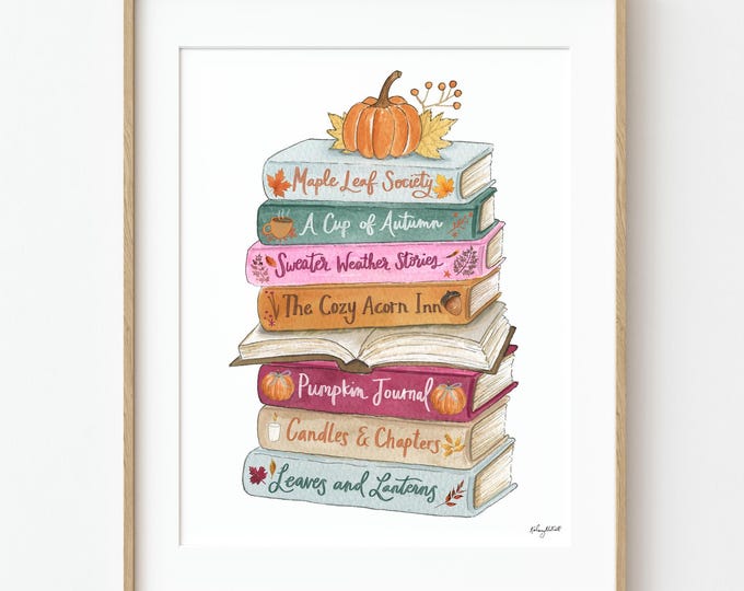 Cozy Fall Book Stack Watercolor Art Print, Autumn Reading Decor, Book Lover Wall Art, Pumpkin Book Print, Cozy Fall Decor