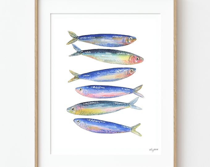 Sardines Wall Art, Colorful Fish Art, Watercolor Painting, Coastal Seafood Art Print, Mediterranean Fish Poster