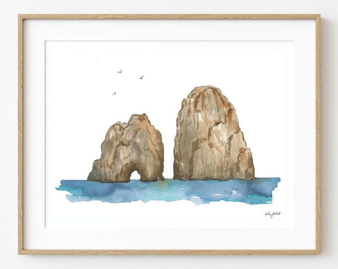 Capri Italy Wall Art, Coastal Watercolor Painting, Italy Home Decor, Travel Art Print,  Faraglioni Rock, Amalfi Coast Painting