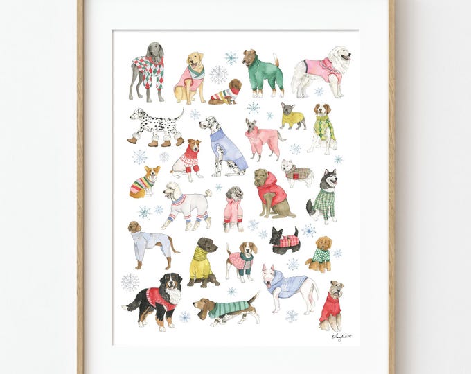 Holiday Sweater Dogs Art Print, Festive Watercolor Dog Wall Art, Christmas Dog Decor, Cozy Winter Pet Print for Dog Lovers