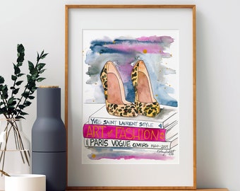 Leopard Shoes Fashion Wall Art, Fashion Illustration, Watercolor Painting, Leopard High Heels, Fashion Book Decor, Leopard Home Decor