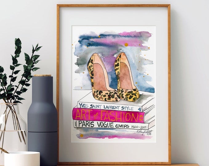 Leopard Shoes Fashion Wall Art, Fashion Illustration, Watercolor Painting, Leopard High Heels, Fashion Book Decor, Leopard Home Decor