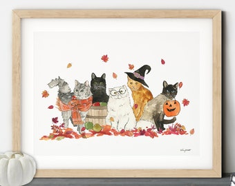 TÉLÉCHARGEMENT NUMÉRIQUE - Art mural de chats d'Halloween, peinture à l'aquarelle de chat, décor d'automne, automne imprimable, Halloween imprimable, décor d'Halloween