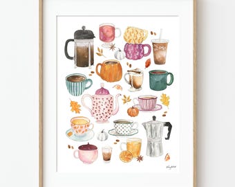 Fall Coffee and Tea Art Print, Autumn Latte Pumpkin Spice Kitchen Wall Art, Cozy Fall Beverage Watercolor Print, Coffee Lover Gift