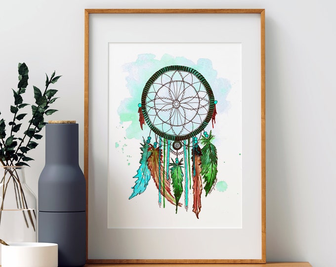Green Dreamcatcher Wall Art, Tribal Art Print, Feather Wall Art, Watercolor painting, Native America Wall Art, Boho Nursery Decor, Kids Room