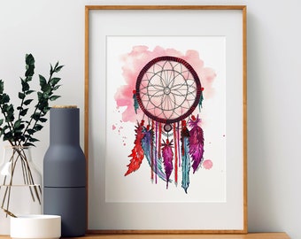 Pink Dreamcatcher Art Print, Dream Catcher Watercolor painting, Native American Decor, Boho Dreamcatcher, Pink Nursery Décor, Feather Art