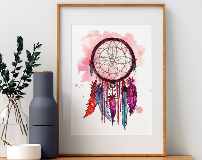 Pink Dreamcatcher Art Print, Dream Catcher Watercolor painting, Native American Decor, Boho Dreamcatcher, Pink Nursery Décor, Feather Art