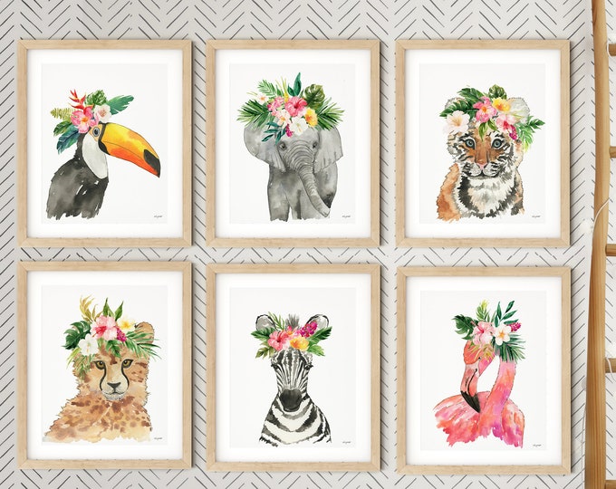 Set of 6 Tropical Baby Animal Wall Art, Nursery Wall Art Decor, Kids Room Art Print, Playroom Poster, Safari Baby Animals with Flower Crowns