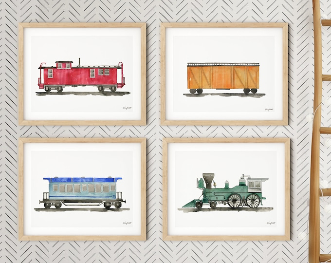 Set of 4 Train Art Prints, Steam Locomotive Wall Art, Railroad Car Train Decor, Toddler Boy Bedroom Art, Train Caboose, Kid Room Decor