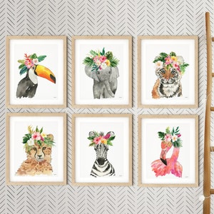 Set of 6 Tropical Baby Animal Wall Art, Nursery Wall Art Decor, Kids Room Art Print, Playroom Poster, Safari Baby Animals with Flower Crowns