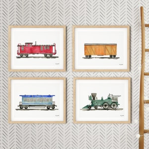 Set of 4 Train Prints, Steam Locomotive Print, Railroad Car Room Decor, Train Decor, Boy Bedroom Art, Train Caboose, Kid Room Decor