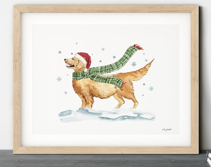 Christmas Dog Art Print, Dog Lover Gift, Holiday Decor, Watercolor Painting, Golden Retriever Holiday Art, Christmas Puppy Sign