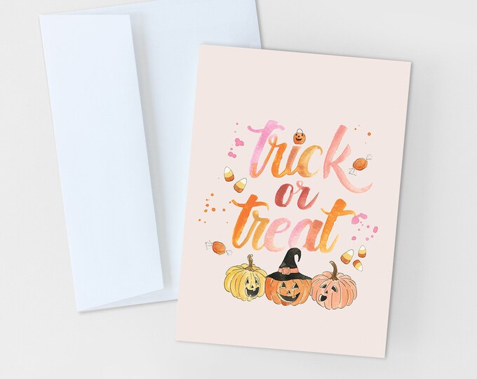 HALLOWEEN CARDS, Trick or Treat Halloween Greeting Card, Fall Greeting Card, Fall Pumpkins, Watercolor Halloween Card