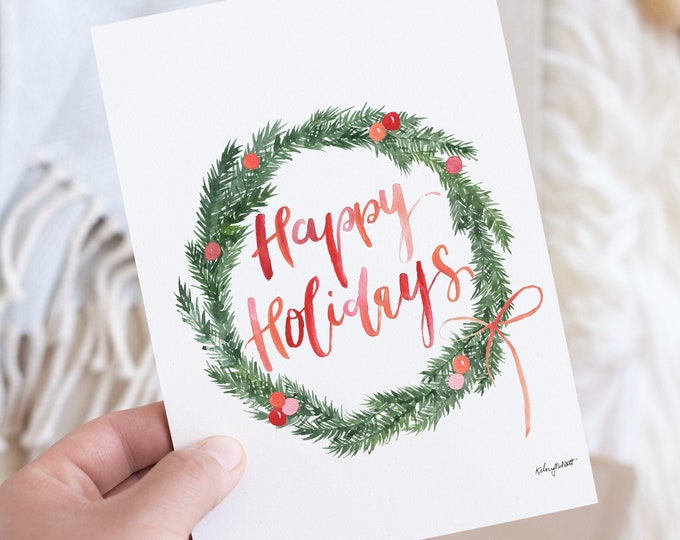 DIGITAL DOWNLOAD - Happy Holidays Pine Branch Wreath Printable, Botanical Holiday Decor, Christmas Print, Floral Wreath Colorful Christmas