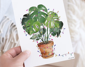 Holiday Lights Potted Monstera Leaf Palm Plant, Watercolor Painting, House Plants Art, Christmas Wall Art, Christmas Lights Tropical holiday