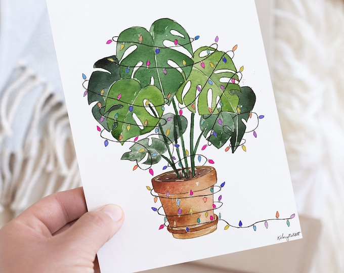 Holiday Lights Potted Monstera Leaf Palm Plant, Watercolor Painting, House Plants Art, Christmas Wall Art, Christmas Lights Tropical holiday