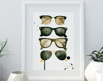 Sunglasses Print, Fashion Illustration, Sunglass Wall Art, Closet Art Print, Mens Decor, Watercolor Painting, Gifts for Him