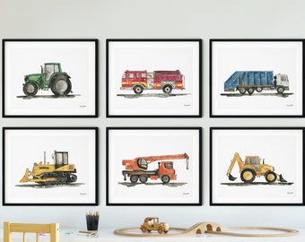 Set of 6 Construction Vehicle Art Prints, Kids Gallery Wall Set, Transportation Truck Wall Art, Toddler Boy Room, Tractor, Fire Truck, Crane