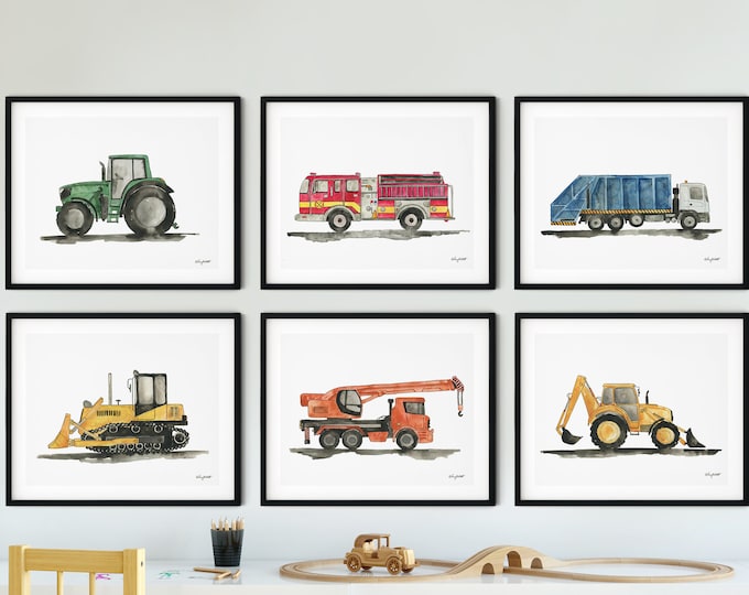 Set of 6 Construction Vehicle Art Prints, Kids Gallery Wall Set, Transportation Truck Wall Art, Toddler Boy Room, Tractor, Fire Truck, Crane