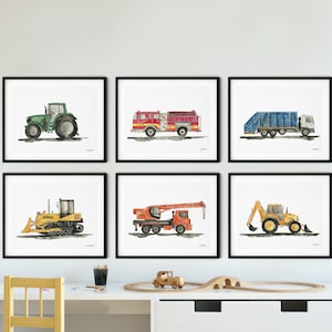 Set of 6 Construction Vehicle Art Prints, Kids Gallery Wall Set, Transportation Truck Wall Art, Toddler Boy Room, Tractor, Fire Truck, Crane
