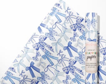 Blue Bows Wrapping Paper Set of 3 Sheets, Chinoiserie Bow Gift Wrap Sheets, Birthday, Baby Shower, Wedding Wrapping Paper Roll