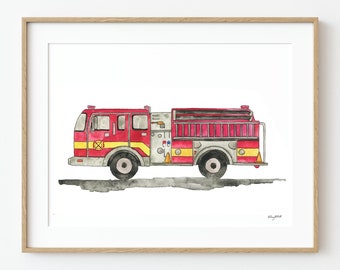 Firetruck Wall Art, Watercolor Painting, Fire Engine, Transportation Decor, Boy Room Decor, Kids Bedroom Art, Emergency Vehicle Art Print