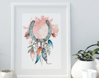 Horseshoe Dreamcatcher Wall Art, Dream Catcher Art Print, Native American Art, Boho Dreamcatcher, Horseshoe Print, Feather Wall Art
