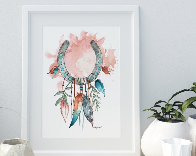 Horseshoe Dreamcatcher Wall Art, Dream Catcher Art Print, Native American Art, Boho Dreamcatcher, Horseshoe Print, Feather Wall Art