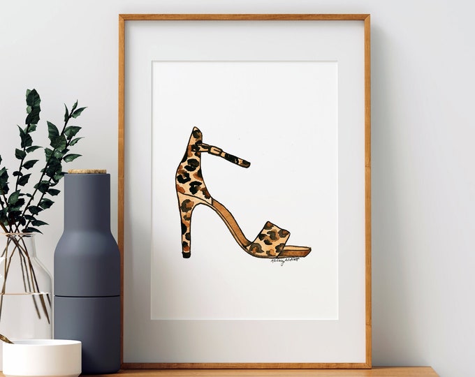 Leopard Heels Print, Watercolor Painting, Leopard Home Decor, Fashion Illustration, Leopard Fashion Print, High Heel Shoes Art Cheetah Print