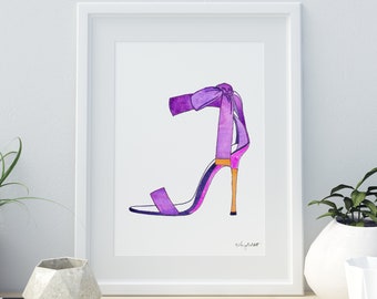 Purple High Heels Wall Art, Fashion Illustration, Watercolor Painting, Fashion Sketch, Fashion Decor, Shoe Art Print, Teen Girl Room Decor