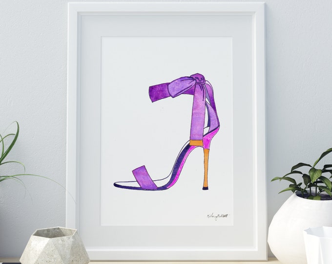 Purple High Heels Wall Art, Fashion Illustration, Watercolor Painting, Fashion Sketch, Fashion Decor, Shoe Art Print, Teen Girl Room Decor