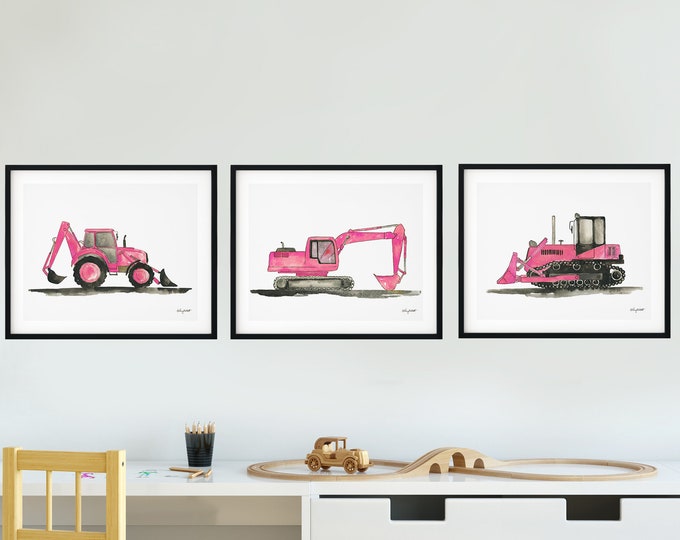 Set of 3 Pink Construction Vehicle Prints, Kids Gallery Wall Art, Girl Truck Wall Art, Nursery Watercolor Painting, Excavator Art, Backhoe