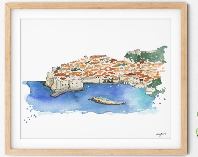Dubrovnik Wall Art, Croatia Watercolor Painting, Travel Home Decor, Dubrovnik Art Print, Europe Travel Art, Dubrovnik Skyline