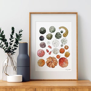 May include: A framed watercolor print of various gourds and squashes in shades of green, white, orange, and red. The print is titled "squash".