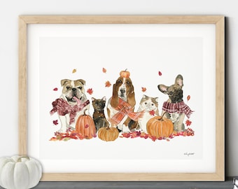 Pumpkin Patch Pets Wall Art, Dog Costume, Fall Home Decor, Fall Art Print, Halloween Art Print, Halloween Home Decor, Cat and Dog Wall Art