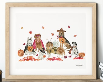 Halloween Dogs Art Print, Dog Costume, Fall Home Decor, Fall Wall Art, Halloween Art Print, Autumn Decor, Halloween Home Decor, Dog Art
