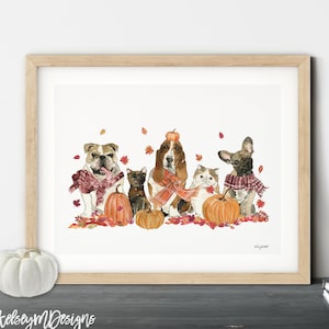 Pumpkin Patch Pets Wall Art, Dog Costume, Fall Home Decor, Fall Art Print, Halloween Art Print, Halloween Home Decor, Cat and Dog Wall Art