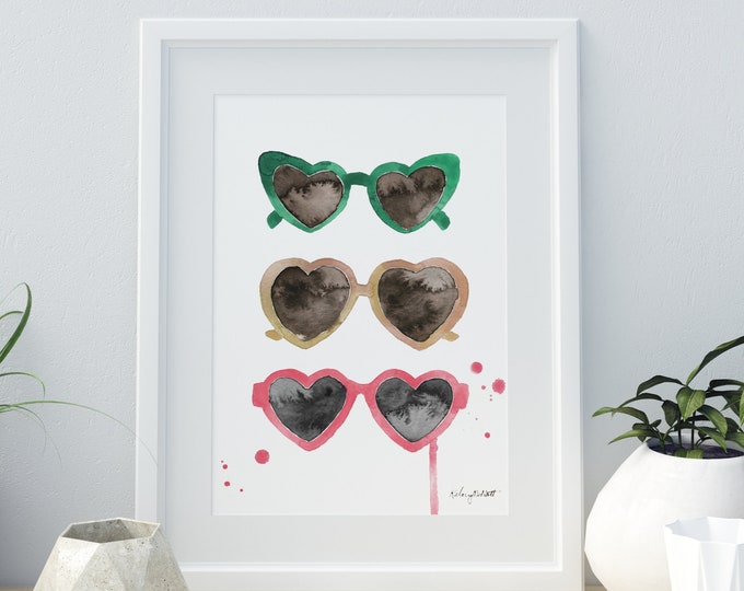 Heart Sunglasses Wall Art, Fashion Illustration, Sunglasses Art Print, Heart Decor, Watercolor Painting, Girl Room Wall Art, Kids Room Decor