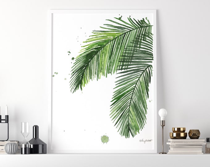 Summer Palms, Green Botanical Watercolor Painting, Tropical Plant Home Garden Wall Decor, Tropical decor, Summer Home Decor, Palm Trees
