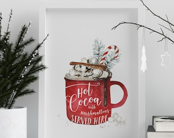 Hot Cocoa Art, Christmas Watercolor Painting, Holiday Wall Art, Coffee Decor, Kitchen Art, Holiday Kitchen Decor, Hot Chocolate Bar Sign