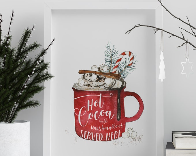 Hot Cocoa Art, Christmas Watercolor Painting, Holiday Wall Art, Coffee Decor, Kitchen Art, Holiday Kitchen Decor, Hot Chocolate Bar Sign