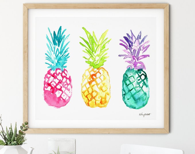 Pineapple Watercolor Painting, Colorful Pineapple Wall Art, Pineapple Tropical Decor, Fruit Wall Art, Kitchen Prints, Summer Kitchen Decor