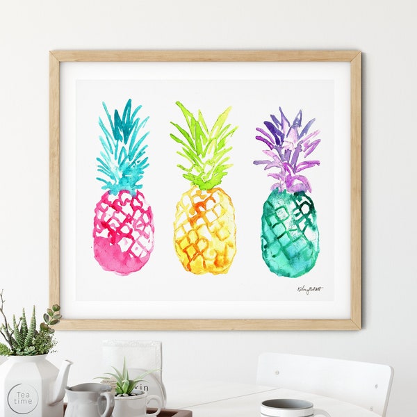 Pineapple Watercolor Painting, Colorful Pineapple Wall Art, Pineapple Tropical Decor, Fruit Wall Art, Kitchen Prints, Summer Kitchen Decor